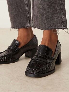 Black Croc Block Heel Loafers - Women
